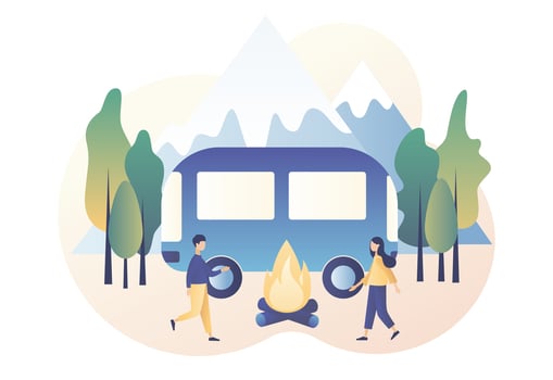 Camping concept. Tiny people in summer camp with camping car, tent, campfire, mountains and forest. Nature tourism. Modern flat cartoon style. Vector illustration on white background