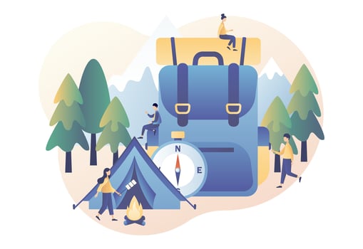 Camping concept. Tiny people in summer camp with big travel backpack, tent, campfire, mountains and forest. Nature tourism. Modern flat cartoon style. Vector illustration on white background