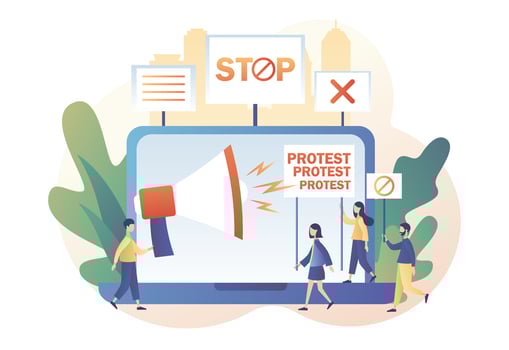 Online protest and social activity concept. Tiny people protesters, holding banners, placards and megaphones. Parade, political meeting or rally. Modern flat cartoon style. Vector illustration