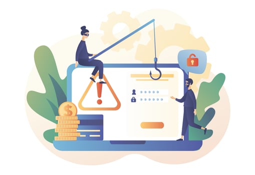 Tiny anonymous hacker people attacking laptop. Internet hacker attack and personal data security concept. Data protection. Computer security technology. Modern flat cartoon style. Vector illustration