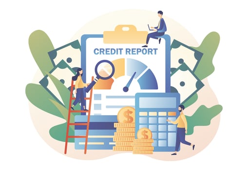 Credit rating. Credit report. Tiny people analysts credit risk control. Personal credit score information and financial rating. Modern flat cartoon style. Vector illustration on white background