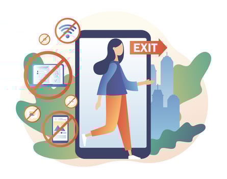 Digital detox. Tiny girl stepping out of the mobile phone screen. Offline life. Freedom from internet, smartphones and social media. Modern flat cartoon style. Vector illustration on white background