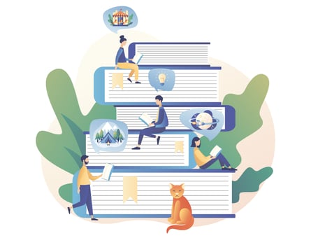 Book library. Tiny people reading books. Literature fans, E-book, media library, learning online, reading app. Modern flat cartoon style. Vector illustration on white background