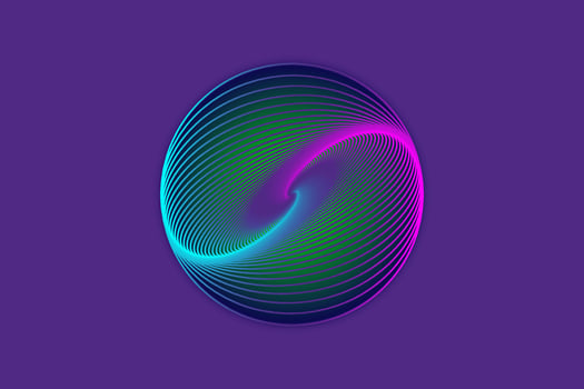 3D sphere design, elegant logo glowing circle. Abstract neon tunnel. Twisted lines. Spectrum Space tunnel in blue and pink vivid color. Vector illustration isolated on purple background
