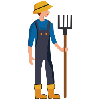 Cartoon young farmer in straw hat and holding rake png