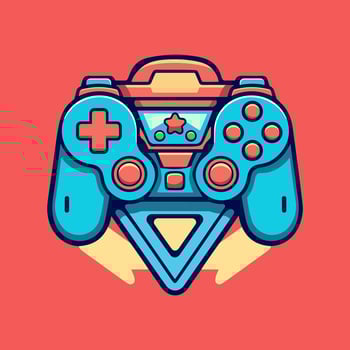 Abstract bright color Joystick device. Game switch controller logo. Handheld game console. Cartoon vector illustration on red background