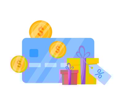 Credit plastic card with golden coins and gift boxes. Vector illustration isolated on white background