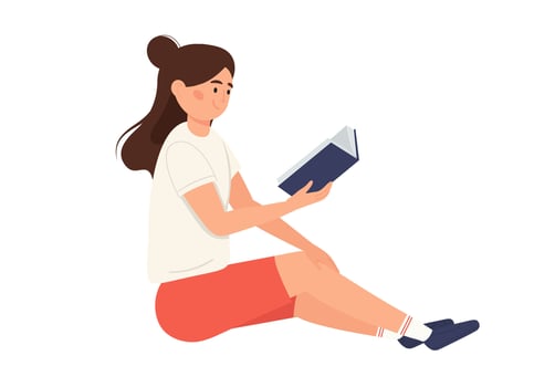 Sitting woman with book in her hands. Girl read fiction literature, novel. Student learning for exam. Flat vector illustration isolated on white background
