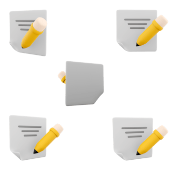 3d rendering document with pencil icon set. 3d render notepad, notebook with notes and yellow pencil different positions icon set. png