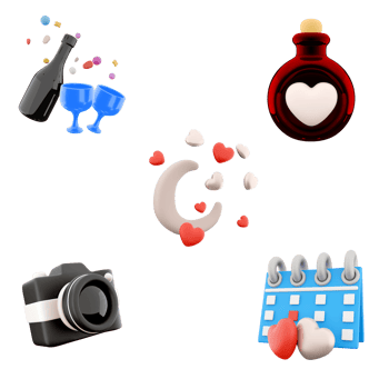 3d rendering a bottle of wine and two glasses, moon with hearts, photo camera, calendar 14th of February icon set. 3d render Valentine's Day concept icon set. png