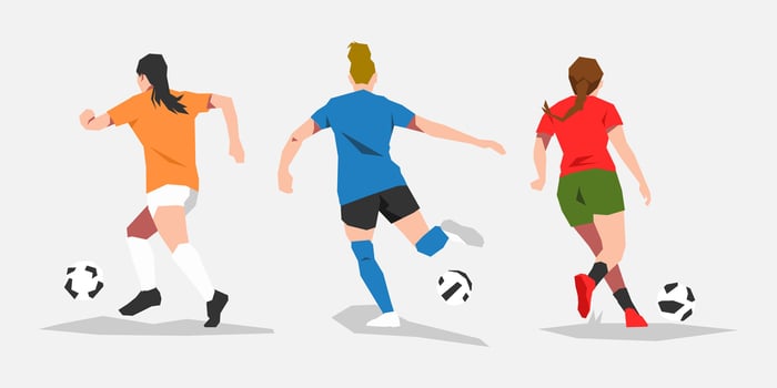 set of several female football soccer player athlete dribbling the ball. back view. theme of sport, football, women. vector flat illustration.