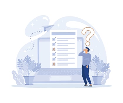 Online survey concept, Man thinking and fills out form of questionnaire, marking correct and incorrect answers,  flat vector modern illustration