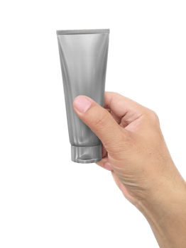 Hand holding Cosmetic plastic tube, transparent background png