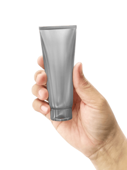 Hand holding Cosmetic plastic tube, transparent background png