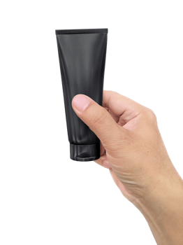 Hand holding Cosmetic plastic tube, transparent background png