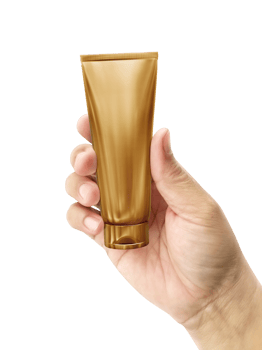 Hand holding Cosmetic plastic tube, transparent background png