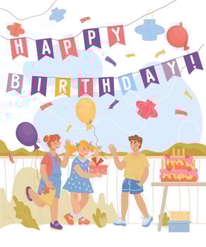 Birthday kids party card or poster background with funny kids characters, flat vector illustration. Children celebrate their birthday in the backyard with decorative flags and cake.
