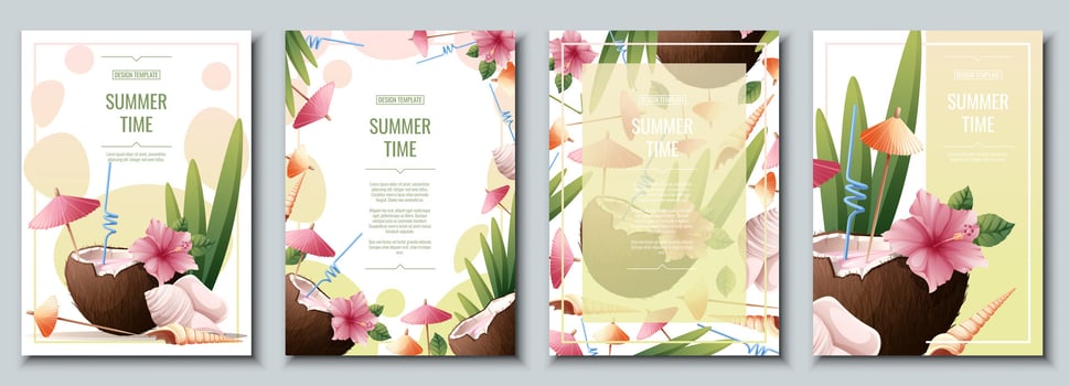 Set of flyer templates with beach coconut cocktail and hibiscus flowers. Tropical vacation, summer vacation. Banner, poster with beach drinks a4 size. vector