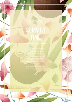 Flyer template with beach coconut cocktail and hibiscus flowers. Tropical vacation, summer vacation. Banner, poster with beach drinks a4 size. vector