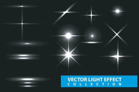 Flash light on black background. Vector glow sparkle effect. Abstract lens flare ignition. Flashing lights Vector Collection