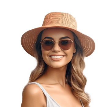 Beautiful girl with sunglasses and summer hat smiling isolated. Illustration png