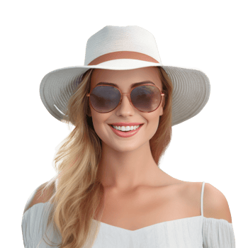 Beautiful girl with sunglasses and summer hat smiling isolated. Illustration png