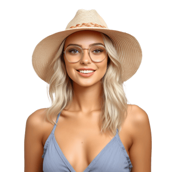 Beautiful girl with sunglasses and summer hat smiling isolated. Illustration png
