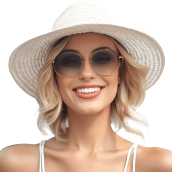 Beautiful girl with sunglasses and summer hat smiling isolated. Illustration png