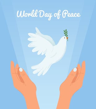 Flying dove of peace with olive branch on the inscription world day of peace on light blue background. vector