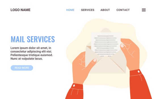 Landing page template mail services. Hands holding open envelope with letter. Letter mail delivery concept. Vector flat illustration