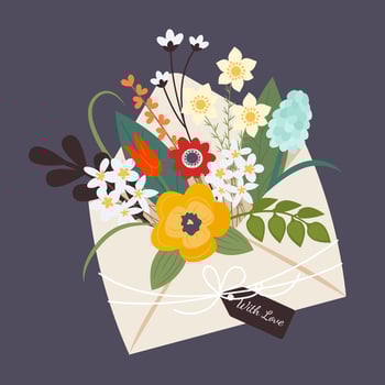Bouquet of spring flowers inside the envelope and tag with love. Design template for card, poster, flyer, banner and other use. Vector illustration flat style