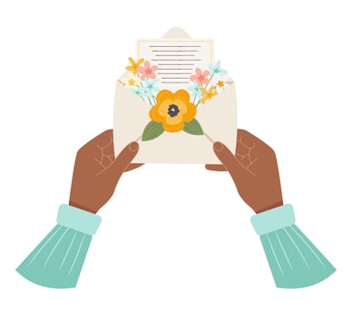 Dark skinned male or female hands holding envelope with paper letter and bouquet spring flowers inside. Flat cartoon vector illustration for romantic or greeting card