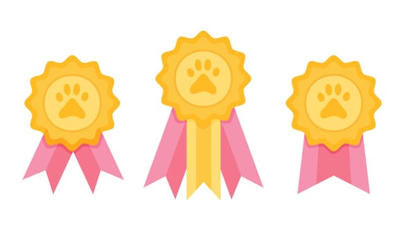 Set of different badges with ribbons with paw silhouette. Rosette quality mark award for pets. Dog paw gold medal. Vector illustration in flat style isolated on white background