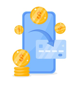 Receiving cashback bonus from paying online. Pile of coins, credit card and smartphone. Saving money. Bonus finance offer, online shopping vector illustration concep