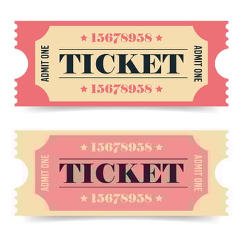 Vintage tickets pink, beige colors set. Retro party invitation card design. Name festival coupon with date, place, number. Vector illustration isolated on white background