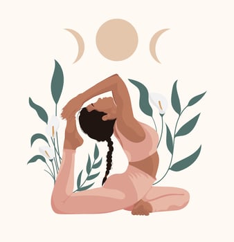 Faceless style woman doing yoga poses. Young woman with plants. International day of yoga design concept. Vector illustration for wellness center or yoga studio