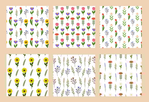 Various garden and field flowers seamless pattern set. Spring and summer floral, repeating print. Botanical background, texture design for textile, fabric, wrapping. Vector flat illustration