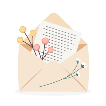 Open envelope with handwritten paper letter. Spring mail with flowers. Handwritten paper message. Flat vector illustration on white background