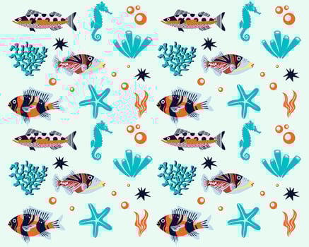 Marine life illustration pattern vector corral, shell, scallop, starfish, deep sea background layout silhouette printable