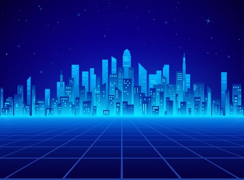 Neon retro city landscape in blue colors. Cyberpunk futuristic town. Sci-fi background abstract digital architecture. Vector illustration