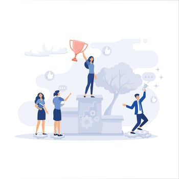 People working on their role with business woman cheering up by big gold trophy on the puzzle elements, flat vector modern illustration