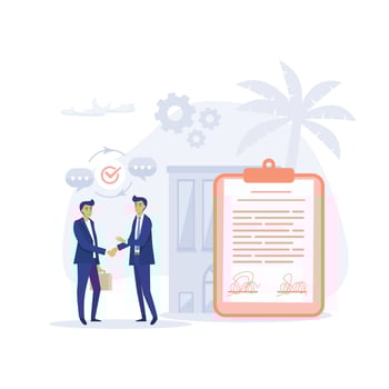 Business illustration people standing on a signed contract. flat modern vector illustration