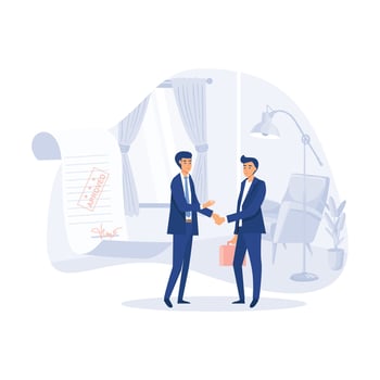 Businessman shaking hand with loan agreement and money bag. personal loan or financial support, flat modern vector illustration