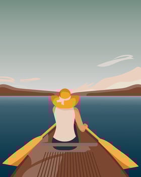 Girl on a boat with oars in the sea. Woman in a summer hat. Summer illustration, seascape. Vacation concept. Vector