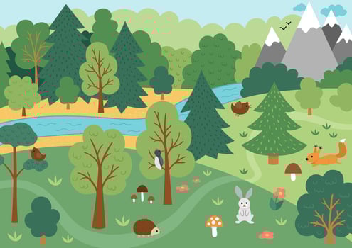 Vector wild forest scene with trees, mountains, animals, birds. Spring or summer woodland scenery with flowers, plants, mushrooms. Wild nature landscape illustration or background.