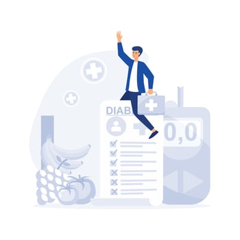 Glucometer for sugar level blood test with diet and unhealthy food,  Medical report or diagnosis card, flat vector modern illustration