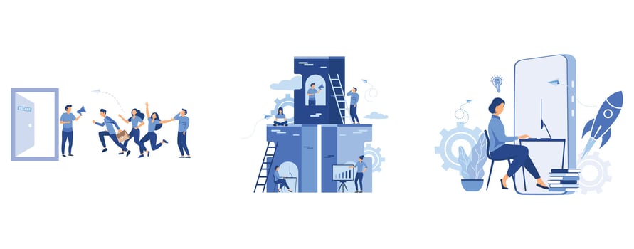Recruitment recruitment agency, crowd of running people, Creative space, freelancer, cooperation and partnership, promotion, work from home on the internet, set flat vector modern illustration