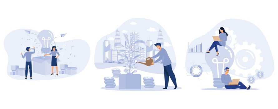 Banner Successful Launch New Idea. Business Development, Entrepreneur Watering Money Tree, Informative Flyer Service Promotion, set flat vector modern illustration
