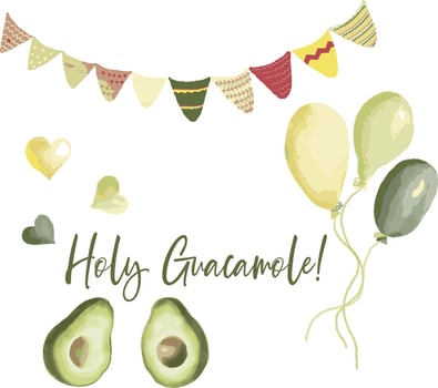 Mexican Fiesta Party Themed Clipart Set with Balloons, avocado, hearts and banner for a bridal shower,  baby shower, birthday party, greeting cards, posters, welcome signs and other occasions decor vector