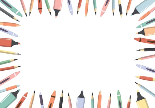 Colorful pens, pencils, crayons and highlighters. Frame border. Isolated on white background. School supplies banner vector